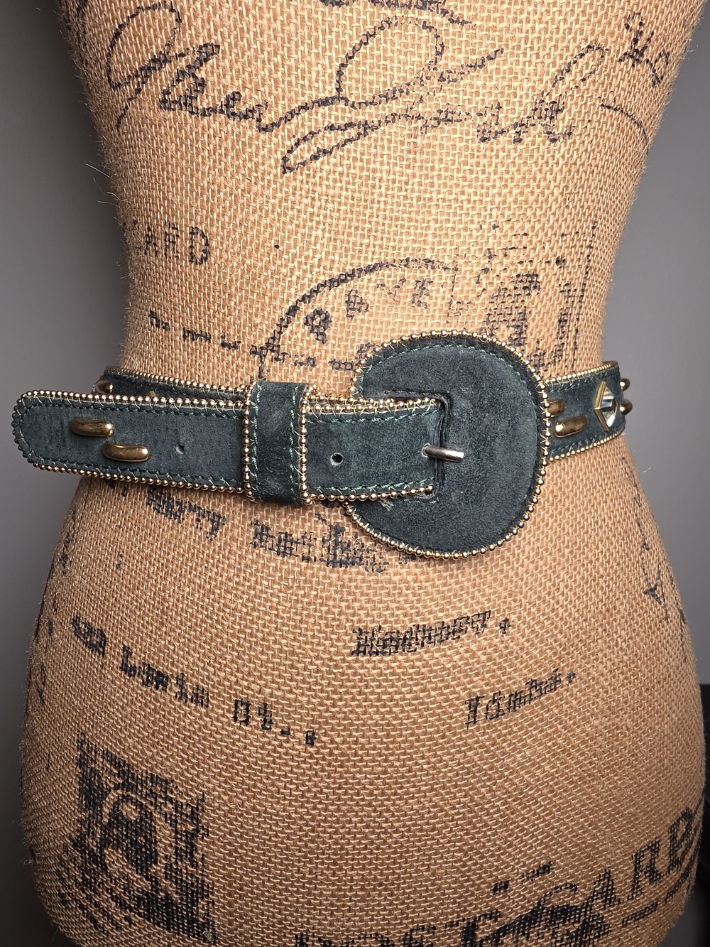 Teal Suede Waist Belt with Gold Trim and Stud Accents